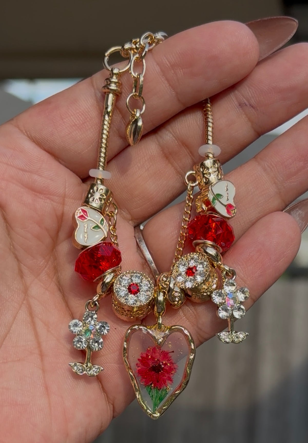 Crimson Bloom Charm Bracelet